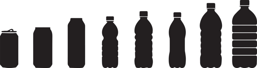 Black silhouette of soda cans and water bottles vector illustration for graphic design projects