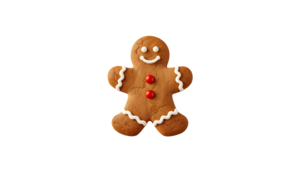 Festive Gingerbread Man Cookie on a Black Background, Holiday Treat with Decorative Icing and Red Candy Buttons