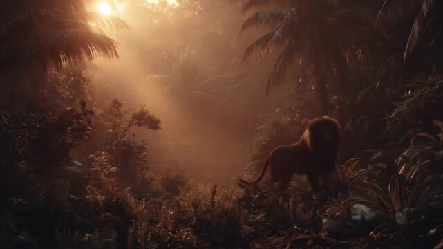 Lion silhouette in forest sunlight majestic wildlife in natural habitat