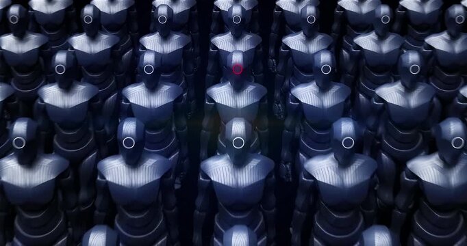 Futuristic cyborgs marching together in aligned formation scene. Technology Related Abstract 3D Concept Animation.