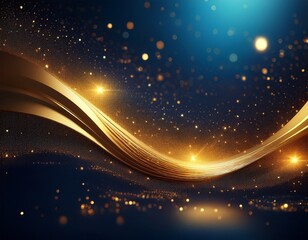 abstract background of golden glittering particles on a dark blue backdrop