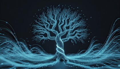 A glowing blue tree with intertwining trunk and branches on a dark background with light trails