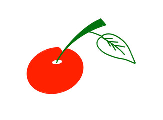 A simple, stylized illustration of a single red cherry with a green stem and a single green leaf, isolated on a transparent background, perfect for foodrelated designs, healthy eating concepts, or sum