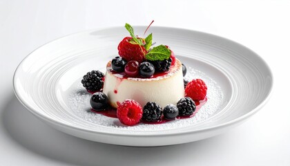 Elegant Dessert with Fresh Berries and Mint on White Plate Panna Cotta Surrounded by Raspberries Blackberries Redcurrants and Sprinkled Powdered Sugar