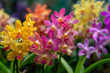 A vibrant display of orchids in various colors including yellow pink and purple set against a blurred background of foliage