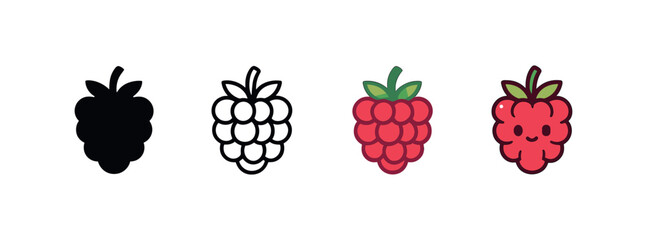 Vector icon raspberry four styles black solid glyph outline minimal flat multicolor filled cartoon flat shaded.