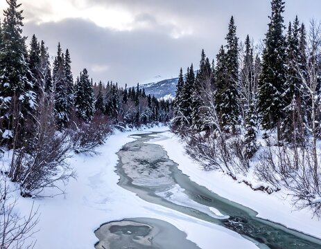 Winter landscape of a frozen river winding through snowy forest