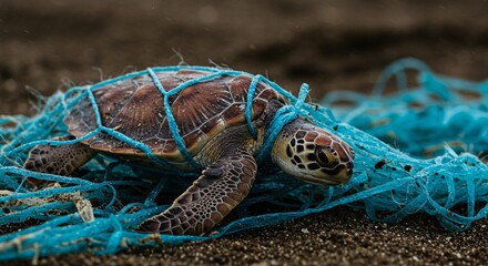 Entangled sea turtle in discarded fishing net A powerful visual of ocean plastic pollution and its devastating threat to marine biodiversity