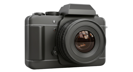 Modern black medium format camera with large lens on black background