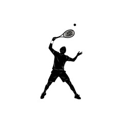Tennis player serving ball silhouette against white background