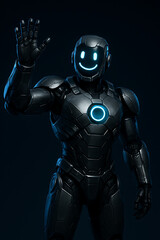 Naklejka premium Dark futuristic muscular robot in sophisticated armor with a glowing happy face screen raises its hand in a friendly wave gesture, welcoming digital interaction and future technology
