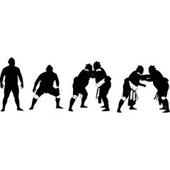 Sumo wrestlers in action, silhouette on white background