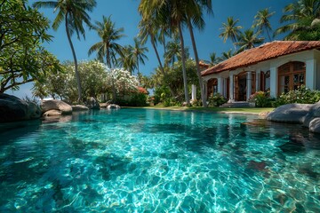 Obraz premium Luxurious tropical villa has a pristine blue swimming pool in the foreground. It's surrounded by a lush green lawn and swaying palm trees in the sun.