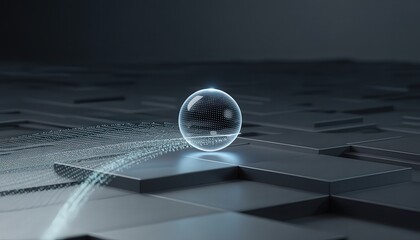 A transparent sphere resting on a dark geometric surface with light trails and subtle reflections