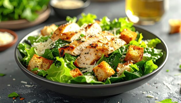 Freshly prepared caesar salad with grilled chicken, crisp lettuce, seasoned croutons, and parmesan cheese elegantly presented in a dark bowl, showcasing vibrant green and golden brown colors.