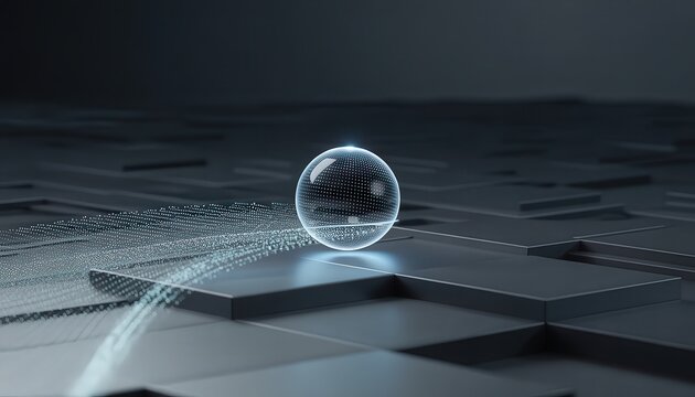 A transparent sphere resting on a dark geometric surface with light trails and subtle reflections
