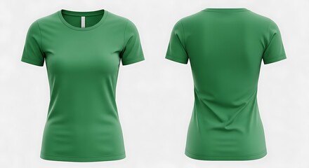 Front and back view of a green tshirt isolated on white background