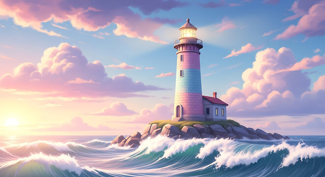 Vibrant Lighthouse on Ocean Rocks at Sunset