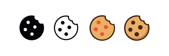 Vector icon cookie four styles black solid glyph outline minimal flat multicolor filled cartoon flat shaded.