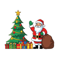 Santa Claus waving near Christmas tree with gifts