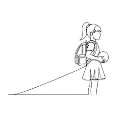 Young girl with backpack holding ball, continuous line drawing