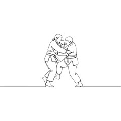 Two people practicing judo in a continuous line drawing