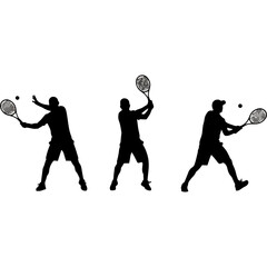 Tennis players in action, silhouette set against white background