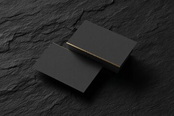 Elegant black business cards on textured slate background, highlighting luxury branding, professional design, and premium quality presentation.