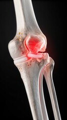 3D illustration of inflamed human knee joint, ultrarealistic medical anatomy showing pain, injury, and health issue.