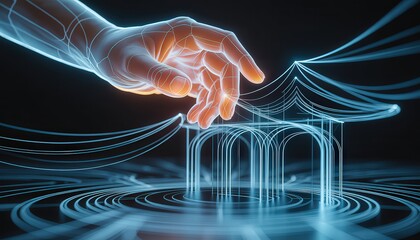 A glowing hand above a digital structure with concentric circles on a dark background design art
