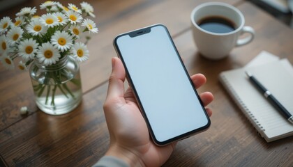 Top view of hand holding smartphone with blank screen, flowers, coffee, and notebook on wooden desk in cozy natural light and soft pastel tones.