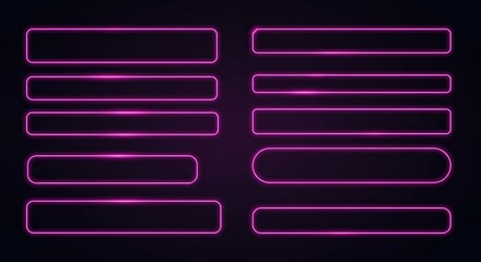 Set of neon glass frames with a purple glow and smooth rounded corners for modern UI. Dark transparent panels highlighted with bright edge lighting in multiple rectangular designs.
