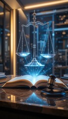 Modern digital justice concept with glowing scales, gavel, and law book symbolizing business and technology law.