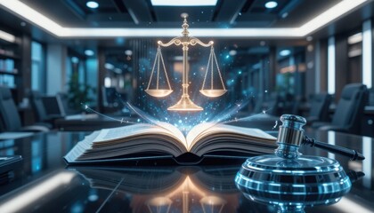 Modern digital justice concept with glowing scales, gavel, and law book symbolizing business and technology law.