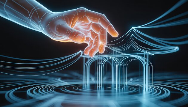 A glowing hand above a digital structure with concentric circles on a dark background design art