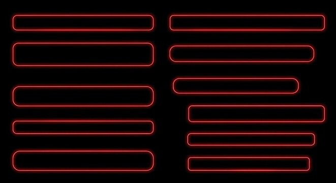 Set of neon glass frames with a purple glow and smooth rounded corners for modern UI. Dark transparent panels highlighted with bright edge lighting in multiple rectangular designs.
