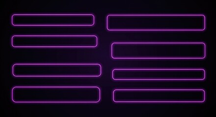 Set of neon glass frames with a purple glow and smooth rounded corners for modern UI. Dark transparent panels highlighted with bright edge lighting in multiple rectangular designs.
