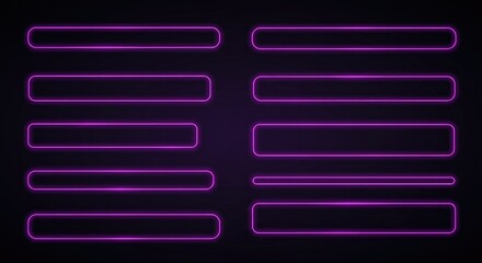 Set of neon glass frames with a purple glow and smooth rounded corners for modern UI. Dark transparent panels highlighted with bright edge lighting in multiple rectangular designs.

