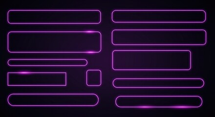 Set of neon glass frames with a purple glow and smooth rounded corners for modern UI. Dark transparent panels highlighted with bright edge lighting in multiple rectangular designs.
