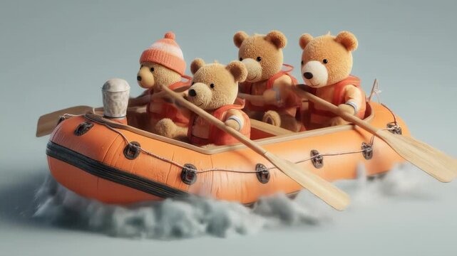 Four plush bears wearing orange life vests paddle an orange raft through foamy blue water