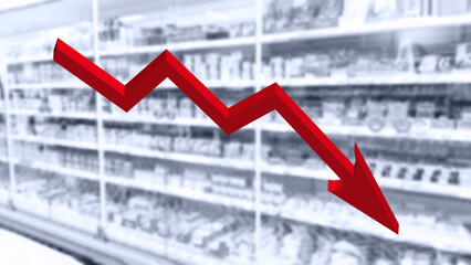 3d Red arrow down on abstract blur image of supermarket white black background. Bar charts and graphs. Rising food prices. Inflation concept. Retail industry. Finance and Economy. Stock Market. Store