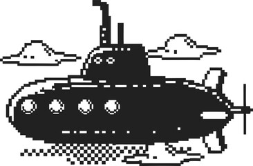 Obraz premium Retro pixel art submarine with portholes, surrounded by clouds vintage 8 bit stylized sea exploration illustration