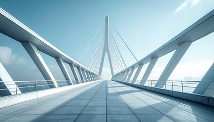 Fototapeta premium Modern White Cable Stayed Bridge Under Clear Blue Sky with Geometric Design and Repeating Triangles Architecture