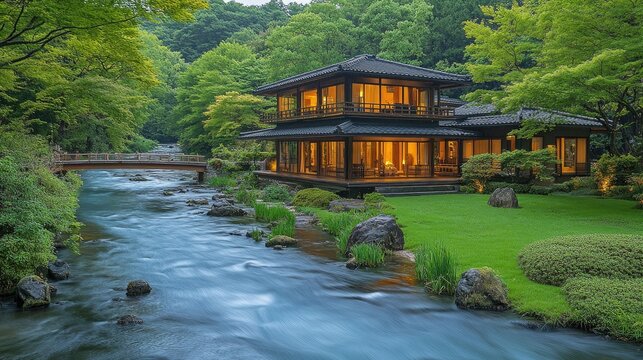 Scenic river flows beside a traditional Japanese house glowing with warm interior light at dusk.