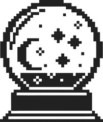 Obraz premium Pixel art snow globe with moon and stars, retro black and white design, celestial decoration, vintage magical ornament
