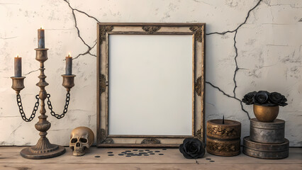 Vintage Horror Promo Board, moody vintage-style photoreal composition. Center white billboard
