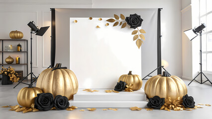 Luxe Halloween Campaign Board with elegant Halloween decor: gold-foiled pumpkins, black velvet ribbon