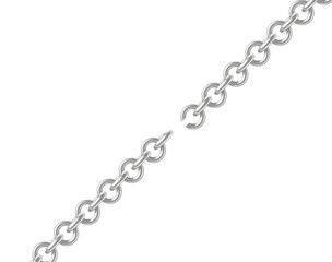 A broken metal chain isolated on transparent background, symbolizing a break in connection, failure, or separation, with a clear visual representation of a severed link