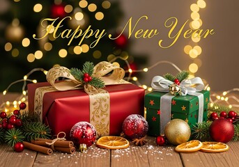 Festive new year celebration with presents ornaments and glowing string lights on a rustic wood surface creating a