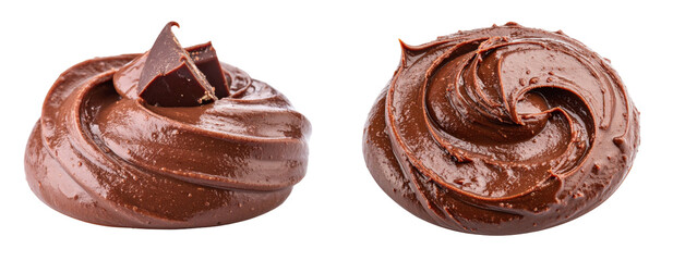 Two Swirls Of Rich Dark Chocolate Spread Isolated On A Transparent Background Featuring Close Up Detail Of The Delicious Food Product